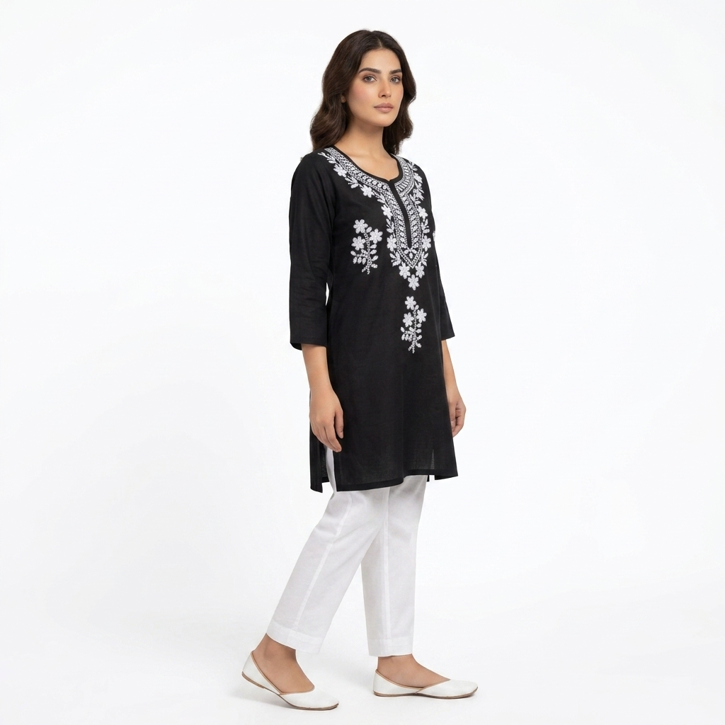 Women's Black Cotton Embroidered Straight Kurti | White Floral Embroidery