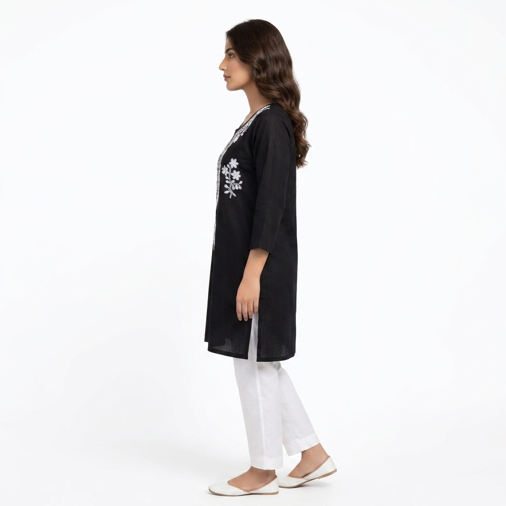 Women's Black Cotton Embroidered Straight Kurti | White Floral Embroidery