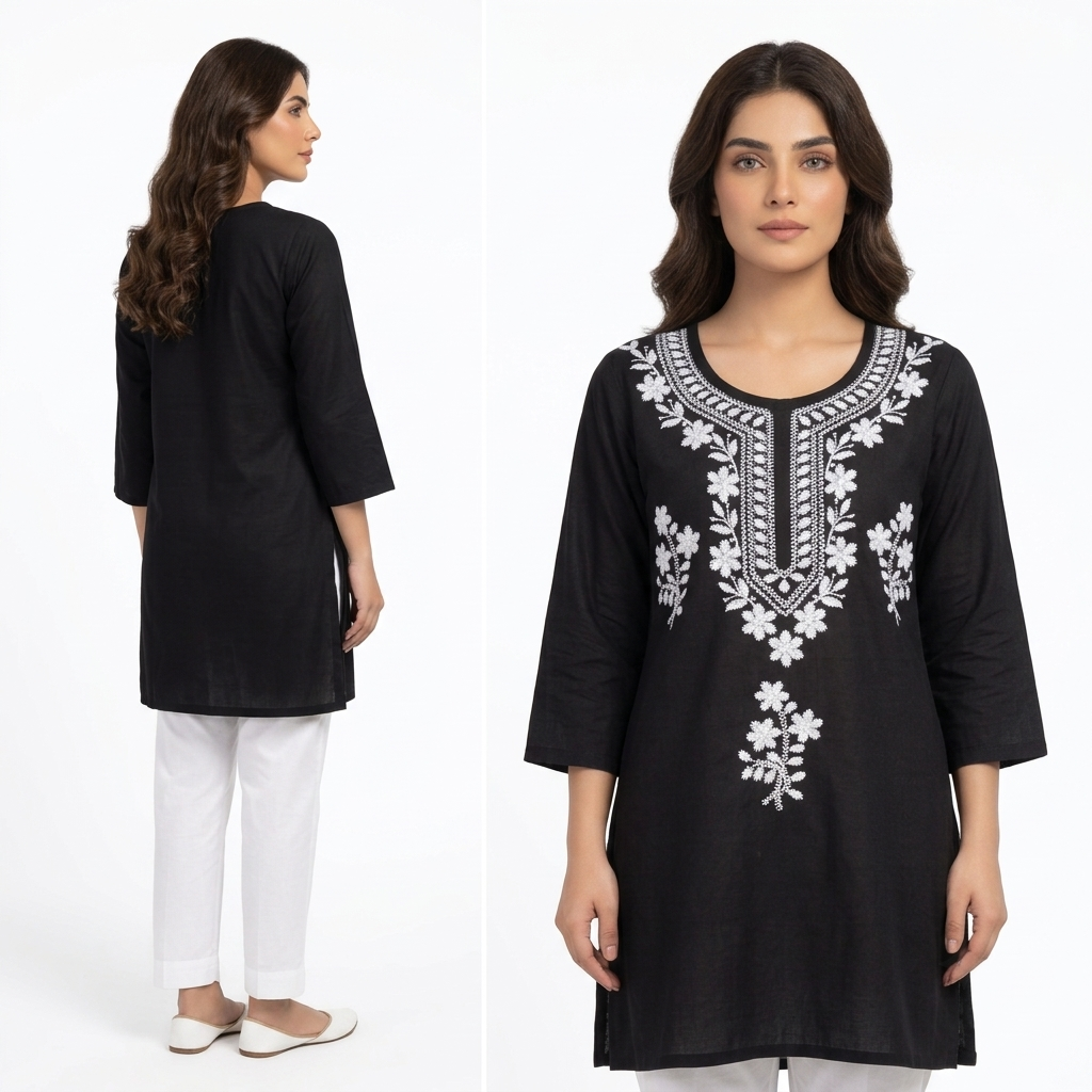 Women's Black Cotton Embroidered Straight Kurti | White Floral Embroidery