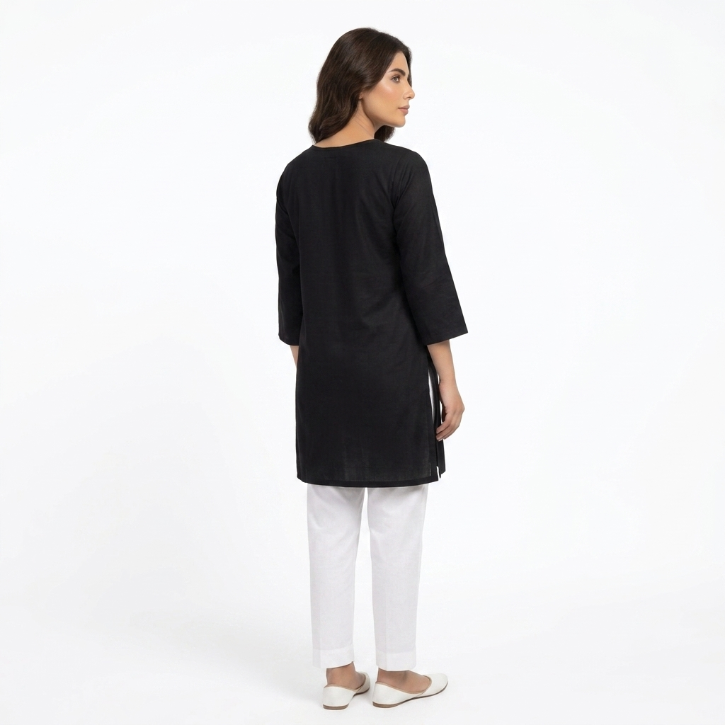 Women's Black Cotton Embroidered Straight Kurti | White Floral Embroidery