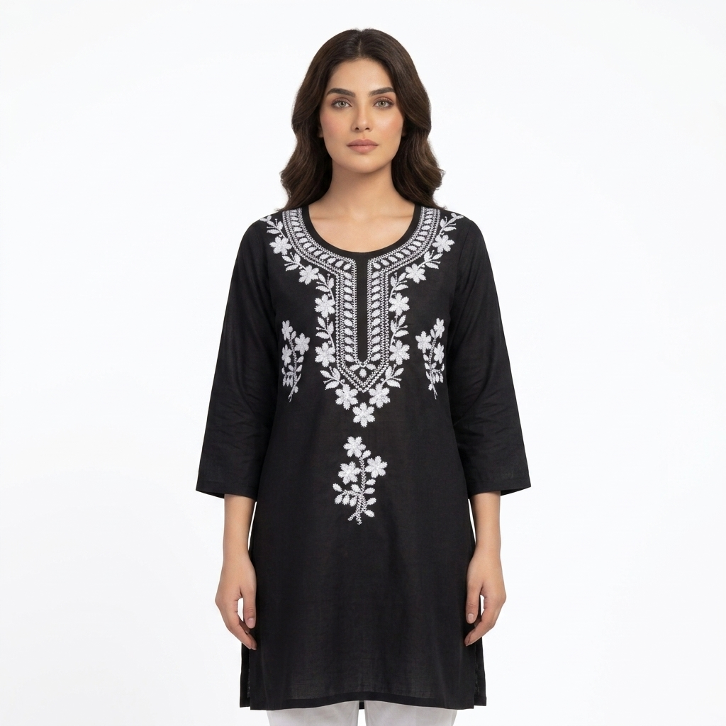 Women's Black Cotton Embroidered Straight Kurti | White Floral Embroidery