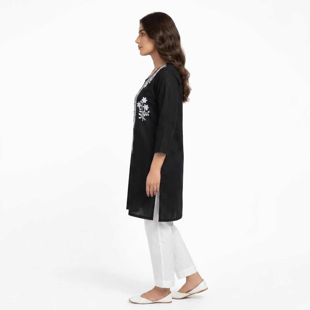 Women's Black Cotton Embroidered Straight Kurti | White Floral Embroidery
