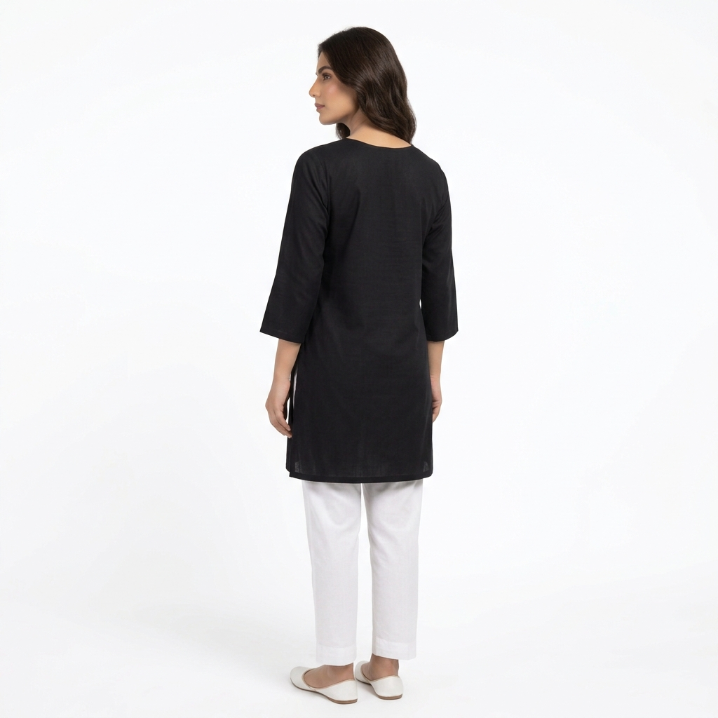 Women's Black Cotton Embroidered Straight Kurti | White Floral Embroidery