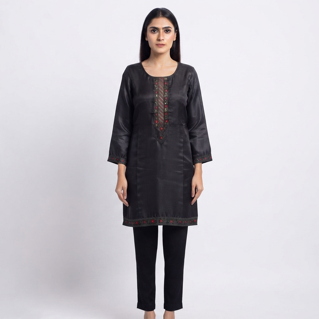 Women's Charcoal Black Embroidered Straight Kurti | Premium Cotton Blend  Ethnic Wear