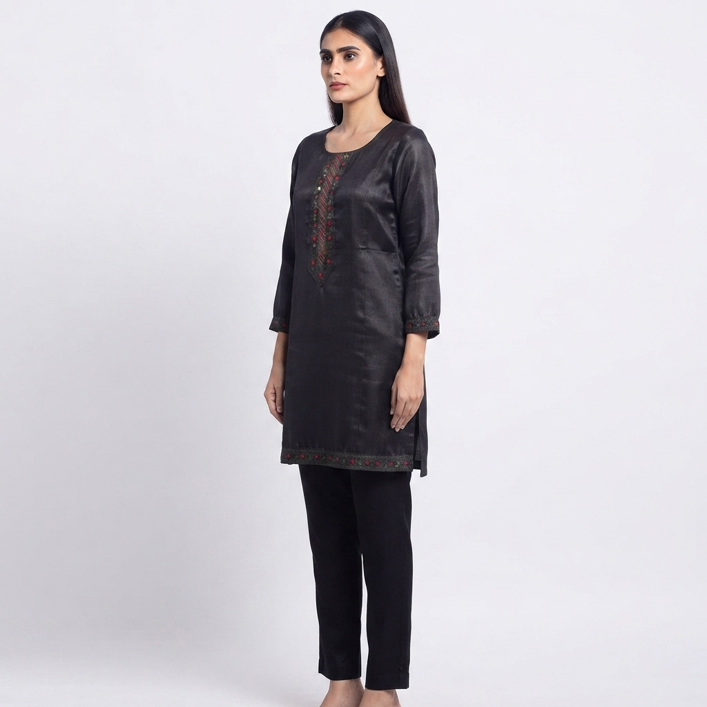 Women's Charcoal Black Embroidered Straight Kurti | Premium Cotton Blend  Ethnic Wear