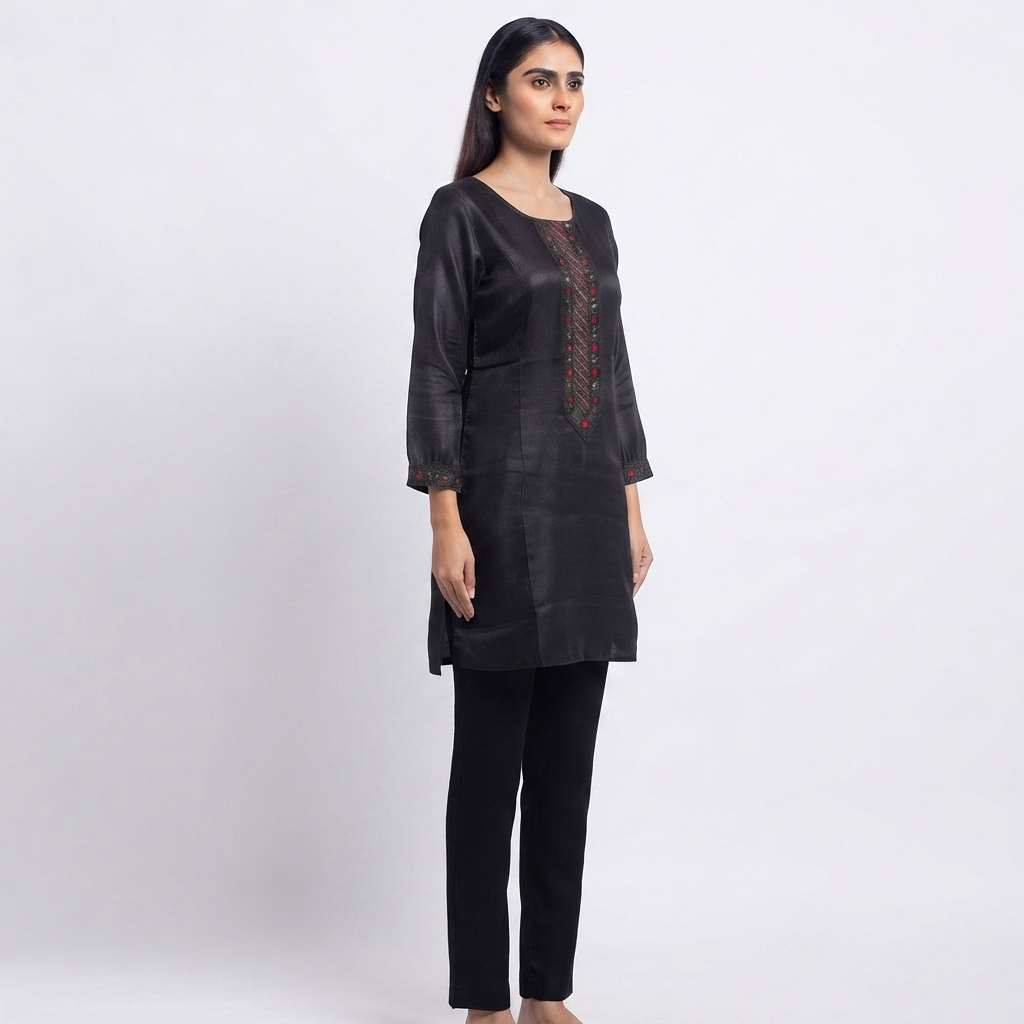 Women's Charcoal Black Embroidered Straight Kurti | Premium Cotton Blend  Ethnic Wear