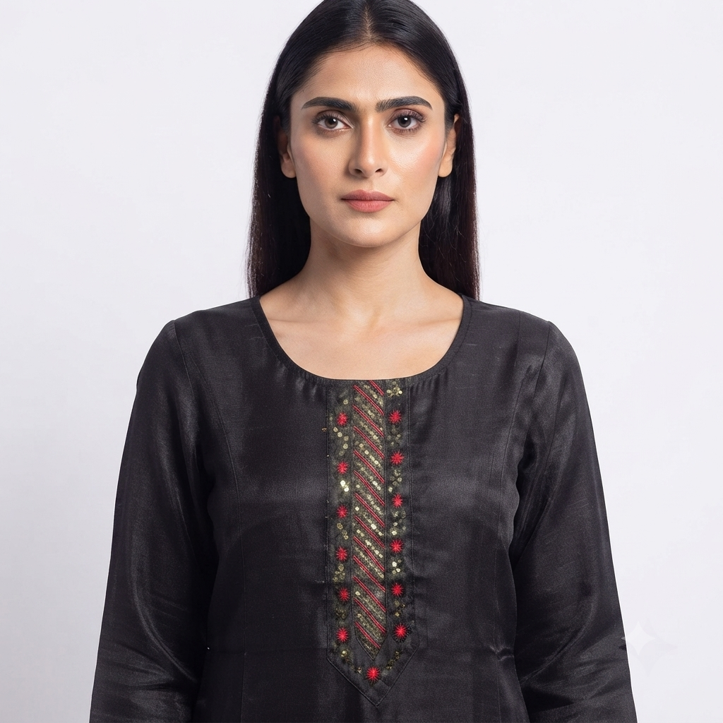 Women's Charcoal Black Embroidered Straight Kurti | Premium Cotton Blend  Ethnic Wear